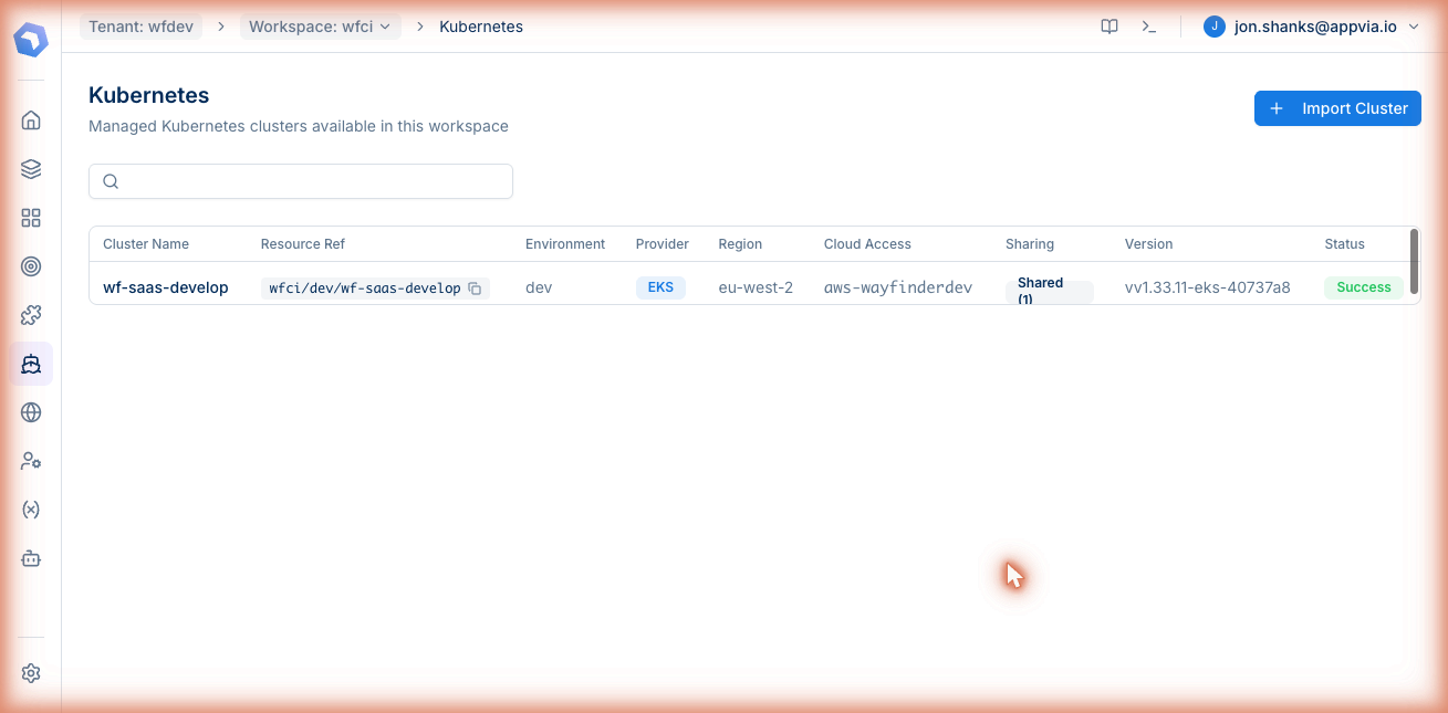 Wayfinder workspace Kubernetes list showing one cluster: wf-saas-develop, EKS, eu-west-2, shared with one other workspace.
