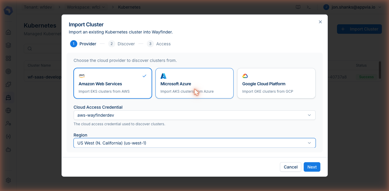 Import Cluster wizard, step 1: AWS selected, aws-wayfinderdev credential, Europe (London) eu-west-2 region.